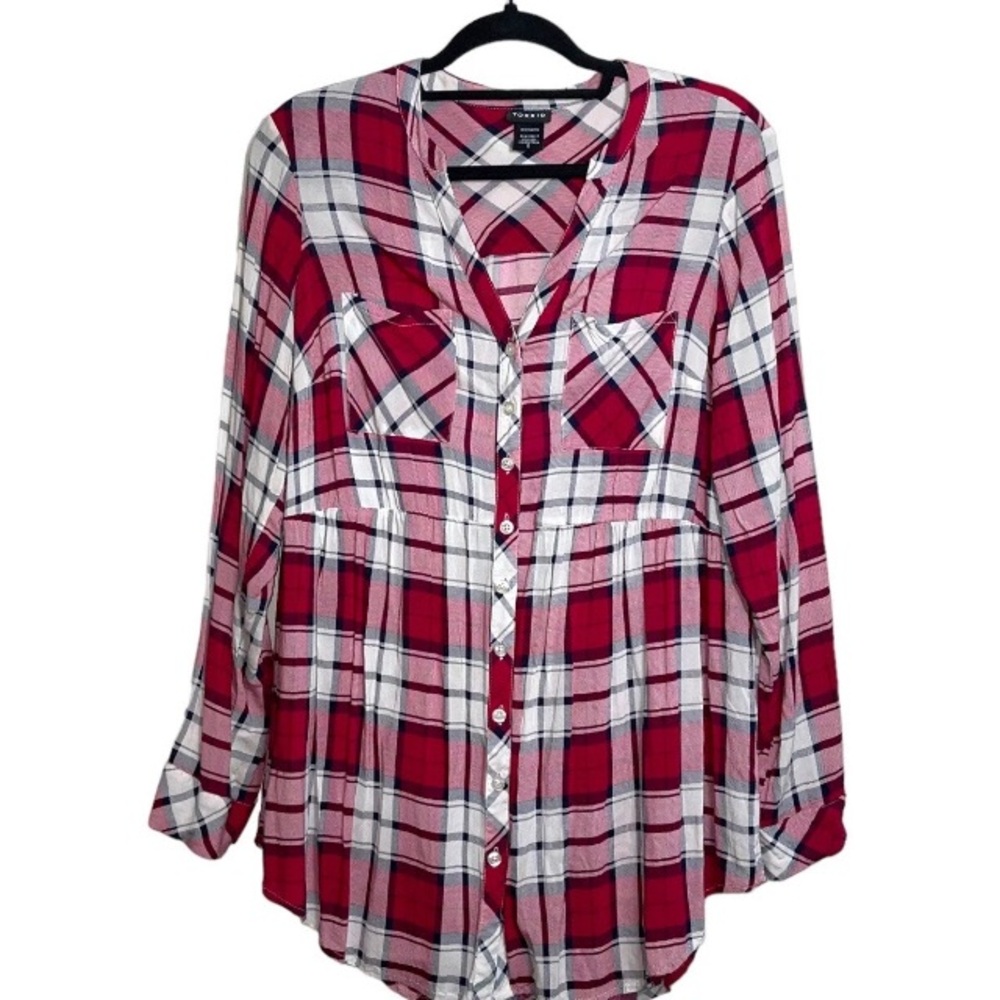 Torrid Sz 0 (L-12) Red, White & Black Plaid Button-Down Babydoll Tunic Top. NWOT